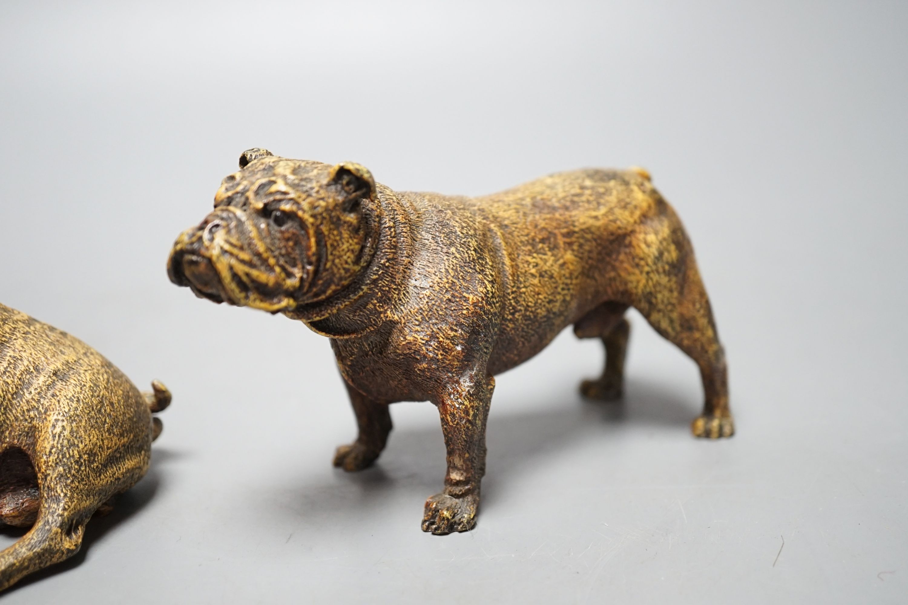 Two cold painted bronzes, a pug and a bulldog, with applied discs reading ‘GESCHUTZT’. 14cm